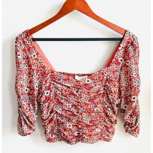 KIRIOUS Women's L Red Floral Ruched Crop Top Shirred Back & Elbow Sleeves